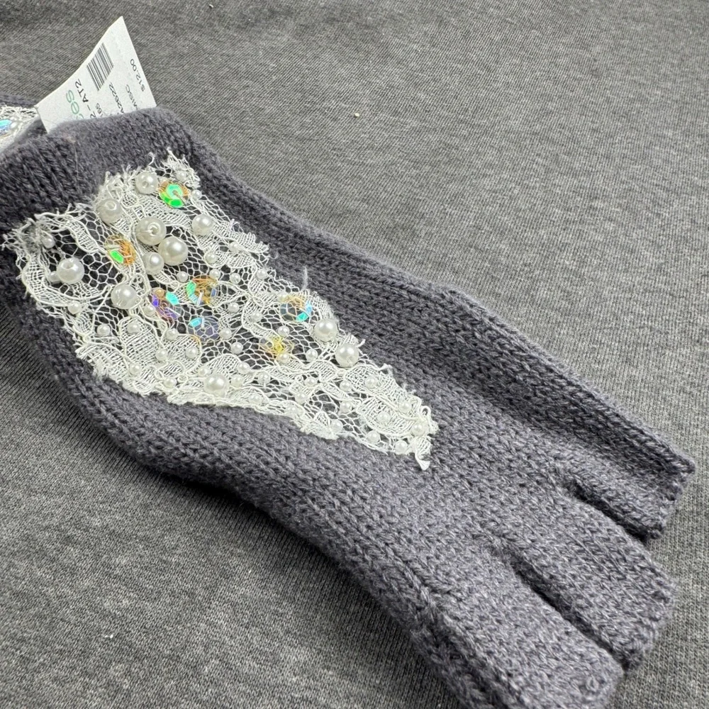 Maurices Women Gray Fingerless‎ Gloves Lace Pearl Rhinestone Embellished